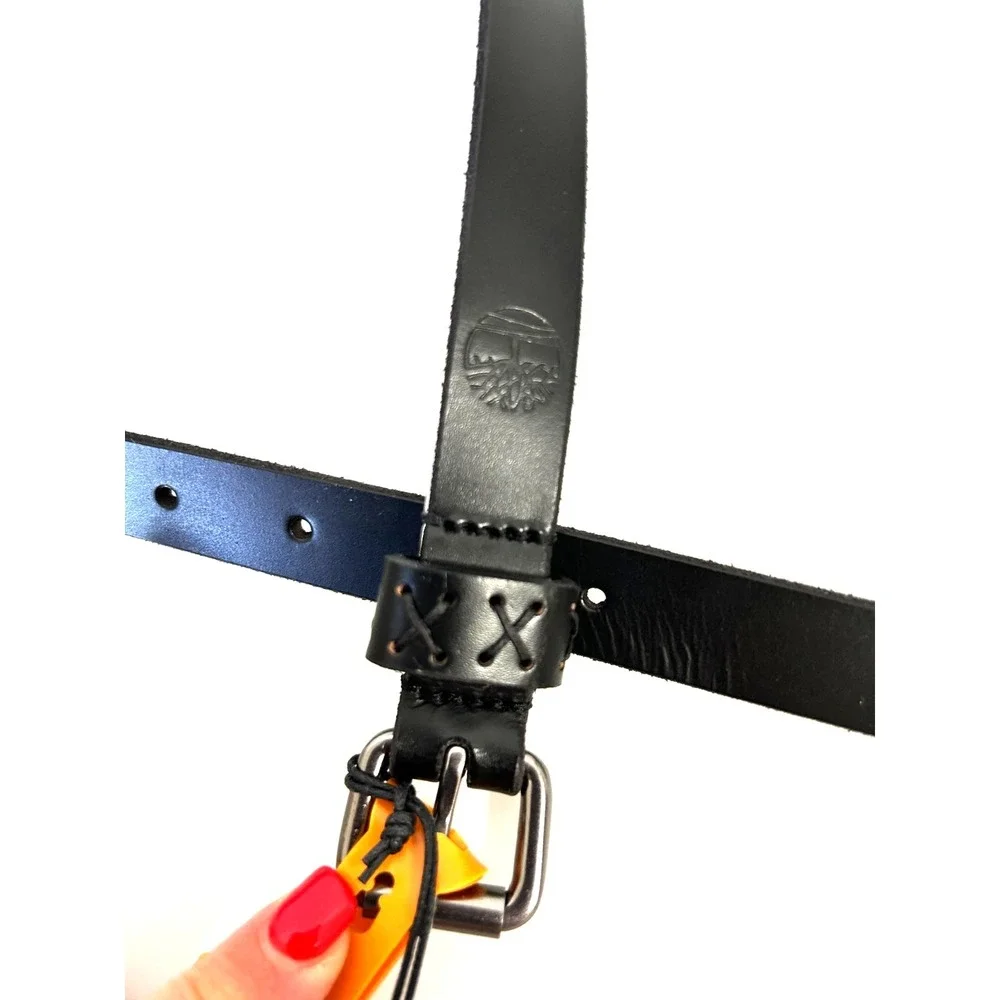 Timberland Skinny Tonal Keeper Stitch Leather Belt M Black Silver Buckle NWT